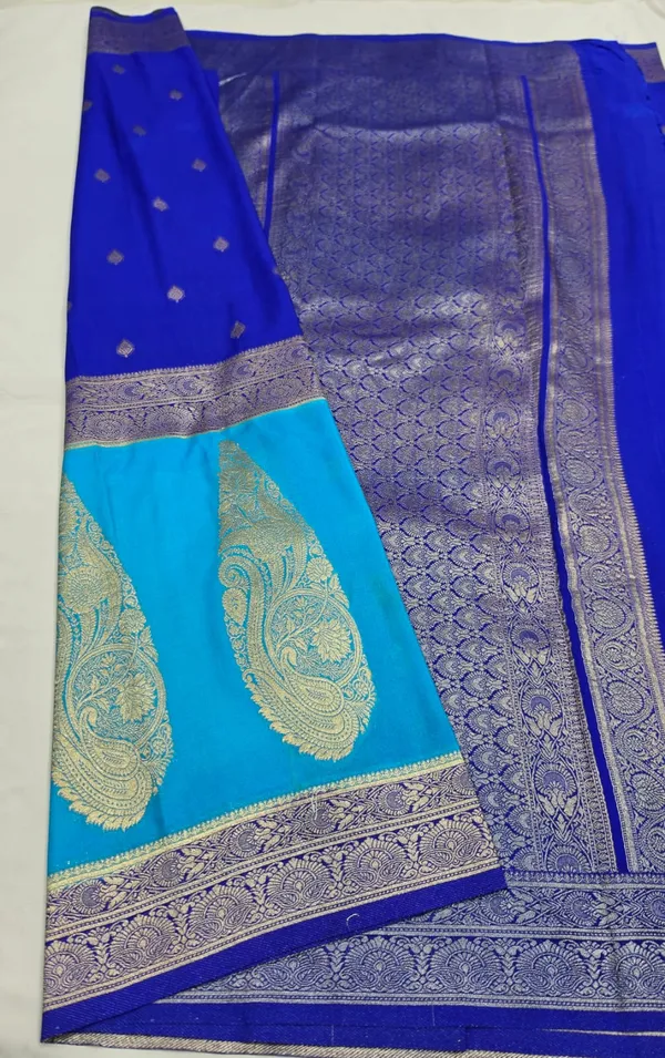 Dark_blue_with_Baby_blue__Banarasi_borcked_Khadi_Georget__Saree_with_rain_drop_weave