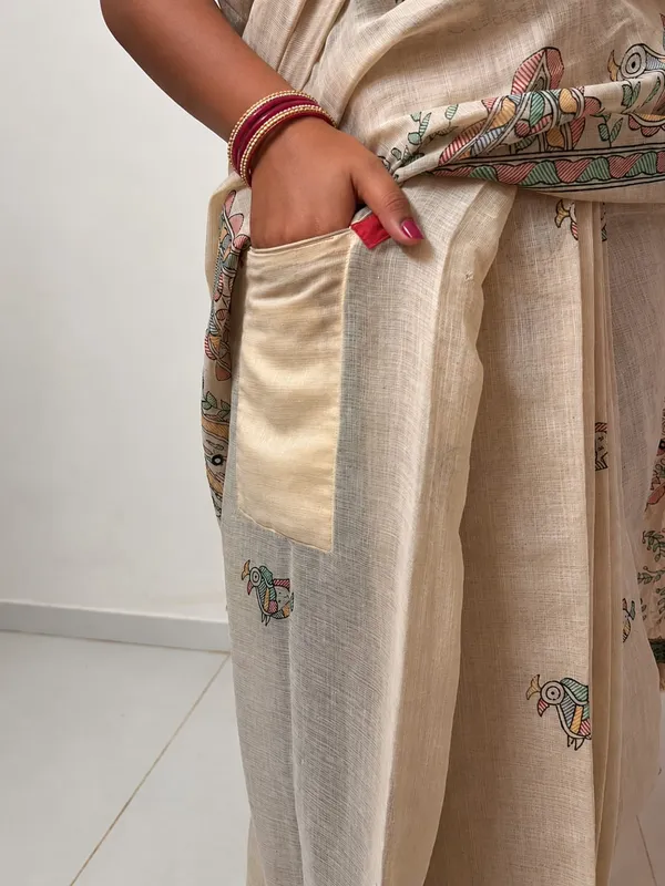 Off-White_Embroidered_Linen_saree_with_mirror_work_(_Ready_to_wear_Saree)