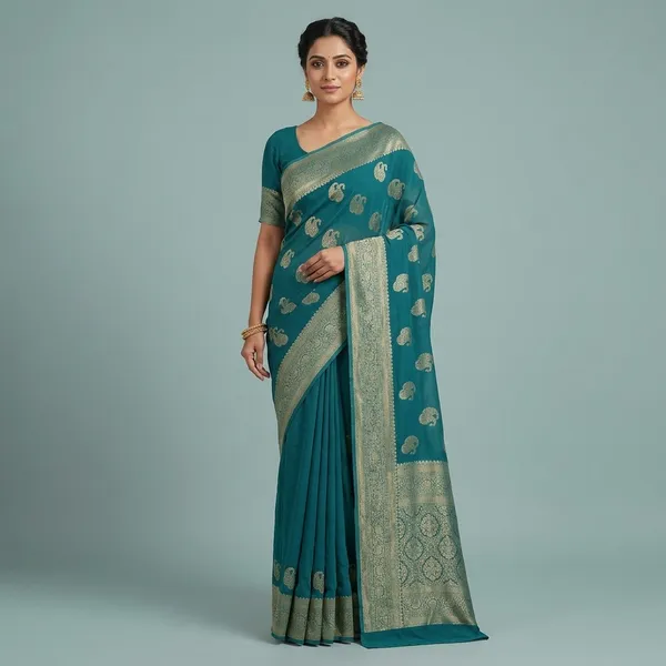Teal_Blue_Khadi_Georgette_Premium_Saree_For_Women