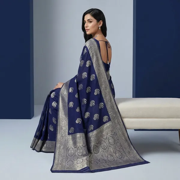 Navy_Blue_Khadi_Georgette_Premium_Saree_For_Women