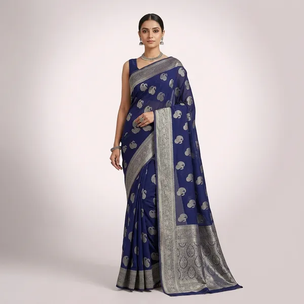 Navy_Blue_Khadi_Georgette_Premium_Saree_For_Women