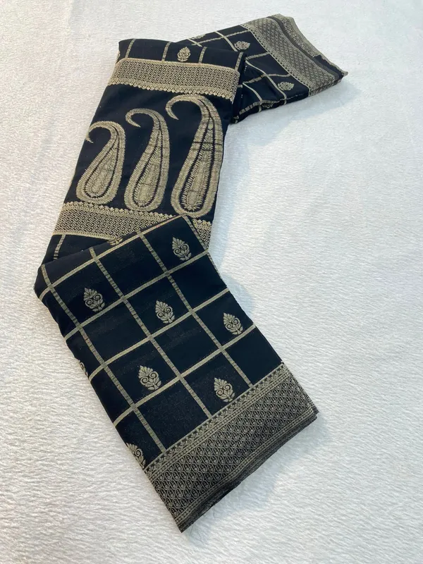 Jet_black_with_pure_Crush_Gerogette_saree_with_suber_sattel_jaree_in_checks_and_Shankka_design