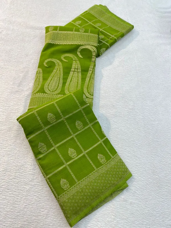parrot_green_with_pure_Crush_Gerogette_saree_with_suber_sattel_jaree_in_checks_and_Shankka_design