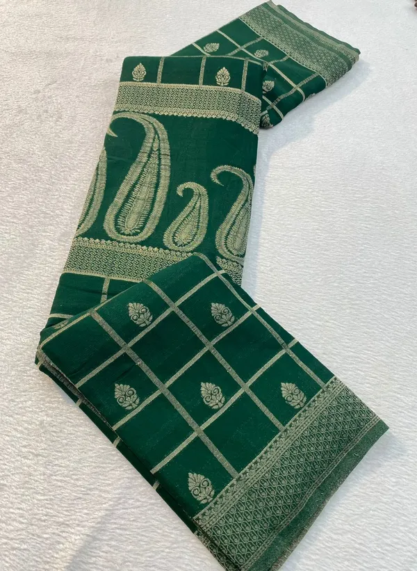 leave_Green___with_pure_Crush_Gerogette_saree_with_suber_sattel_jaree_in_checks_and_Shankka_design