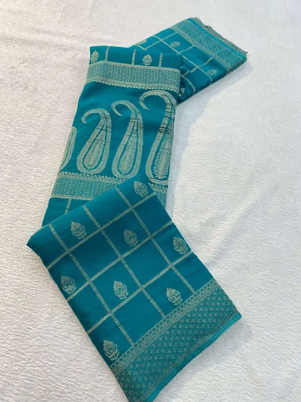 See_light_blue___with_pure_Crush_Gerogette_saree_with_suber_sattel_jaree_in_checks_and_Shankka_design