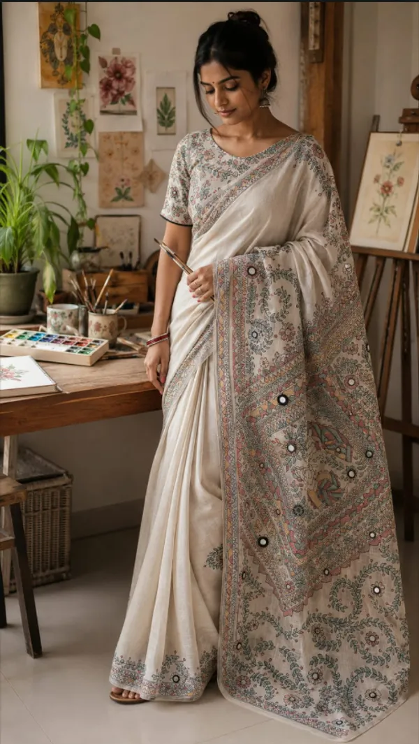 Off-White_Embroidered_Linen_saree_with_mirror_work_(_Ready_to_wear_Saree)