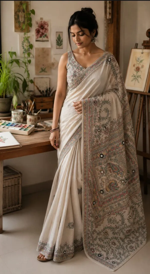 Off-White_Embroidered_Linen_saree_with_mirror_work_(_Ready_to_wear_Saree)