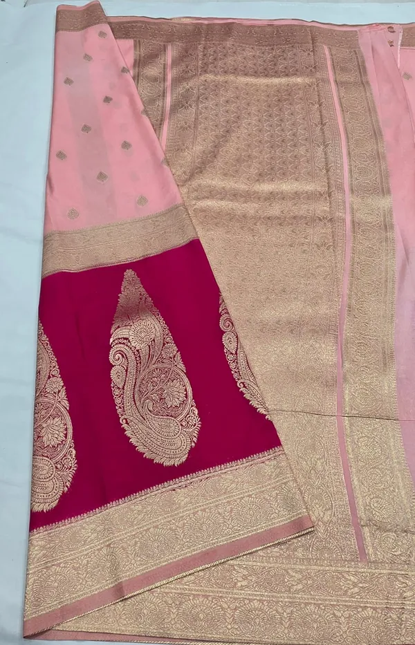 Peach_with_Crimson_Banarasi_borcked_Khadi_Georget__Saree_with_rain_drop_weave