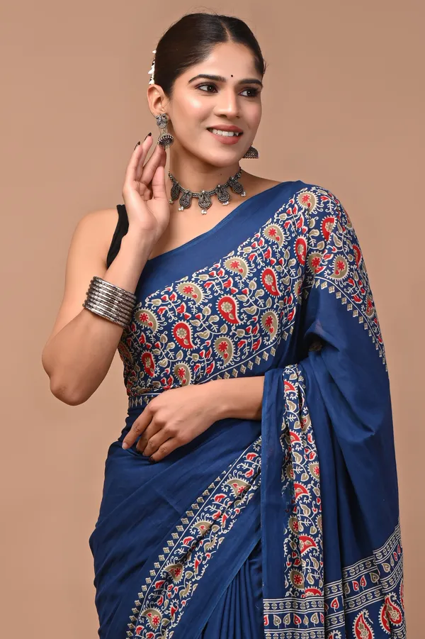 Blue_Cotton_Mulmul_Ajrakh_Block_Print_Saree_For_Women