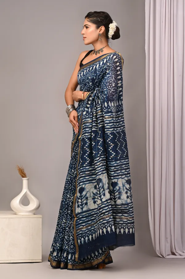 Navy_Blue_Maheshwari_Silk_Dabu_Block_Print_Gold_Border_Saree_For_Women