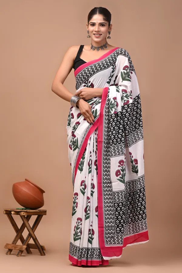 White_And_Black_Cotton_Mulmul_Floral_Print_Saree_For_Women