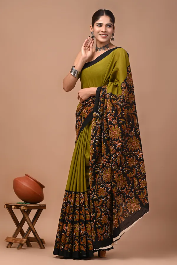 Olive_Green_And_Black_Cotton_Mulmul_Floral_Embroidered_Saree_For_Women