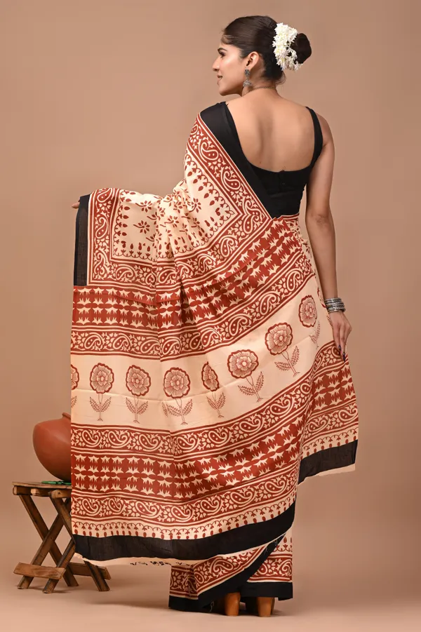 Beige_And_Black_Cotton_Mulmul_Hand_Block_Printed_Saree_With_Border_For_Women
