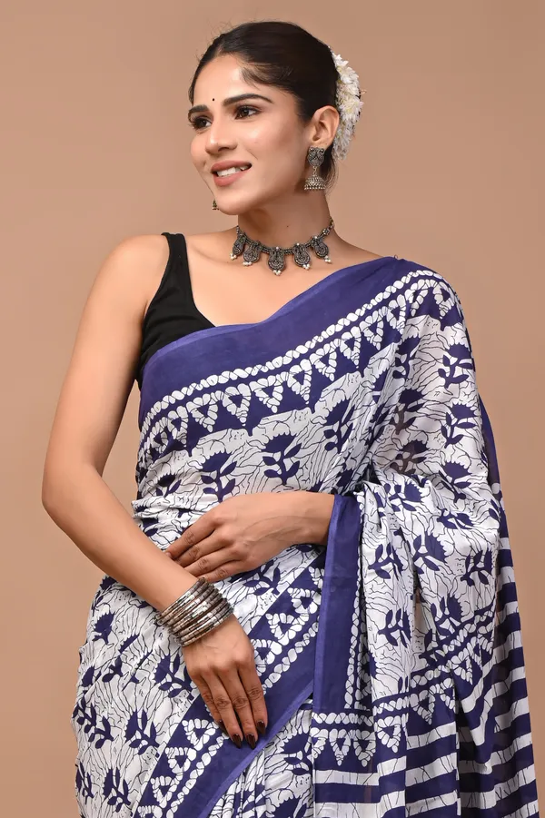 Navy_Blue_And_White_Cotton_Mulmul_Floral_Print_Saree_For_Women
