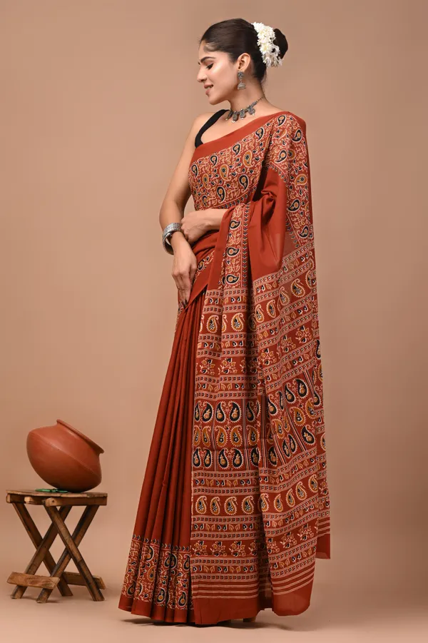 Rust_Cotton_Mulmul_Ajrakh_Block_Print_Saree_For_Women