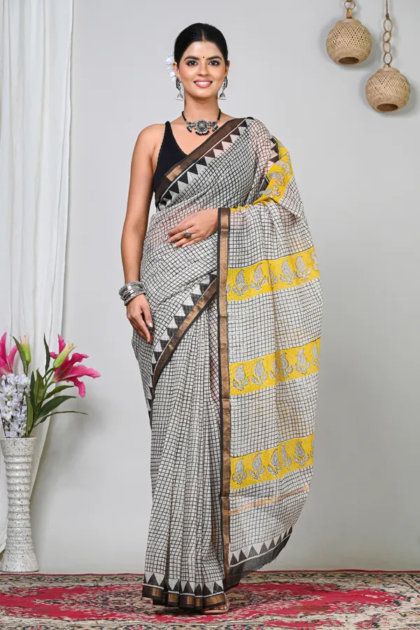 Off_White_And_Yellow_Kota_Doriya_Checkered_Handloom_Saree_For_Women
