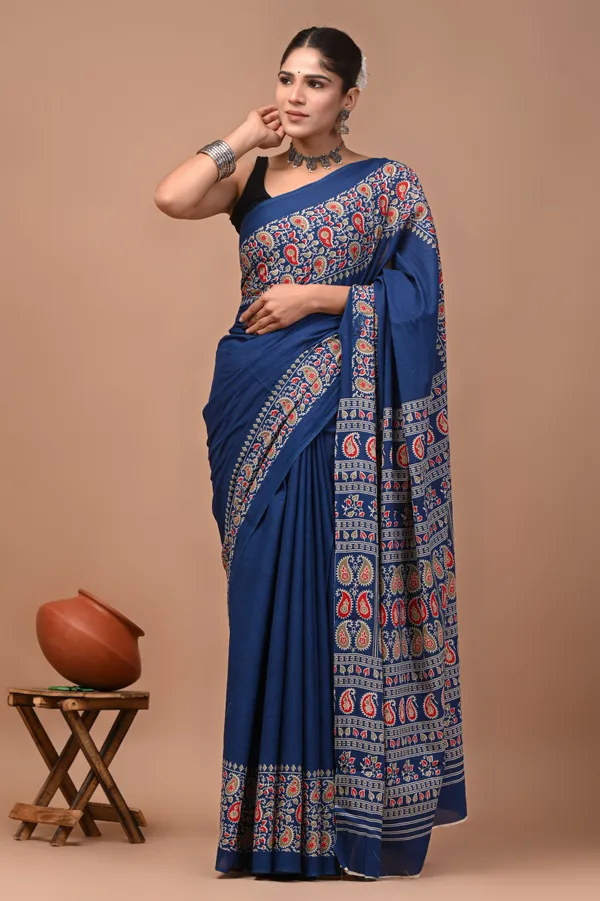 Blue_Cotton_Mulmul_Ajrakh_Block_Print_Saree_For_Women
