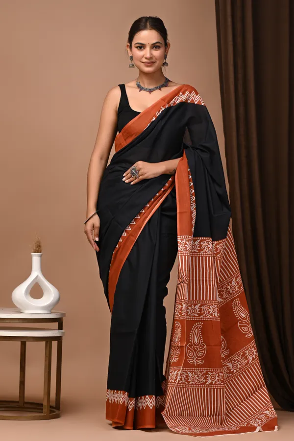 Black_And_Orange_Cotton_Mulmul_Hand_Block_Print_Saree_For_Women