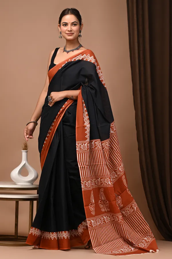Black_And_Orange_Cotton_Mulmul_Hand_Block_Print_Saree_For_Women