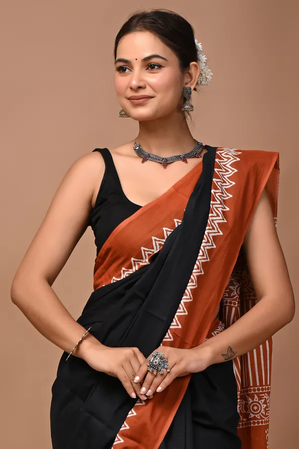 Black_And_Orange_Cotton_Mulmul_Hand_Block_Print_Saree_For_Women