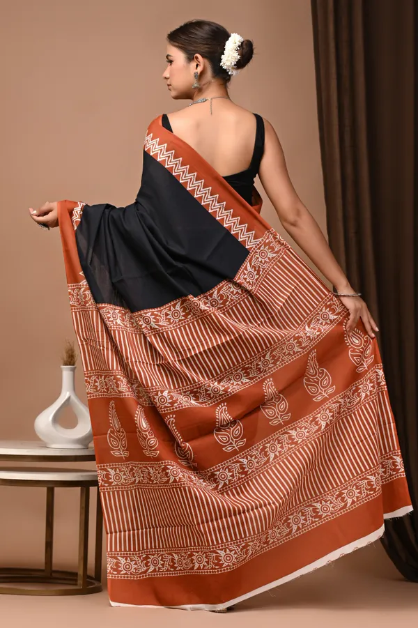 Black_And_Orange_Cotton_Mulmul_Hand_Block_Print_Saree_For_Women