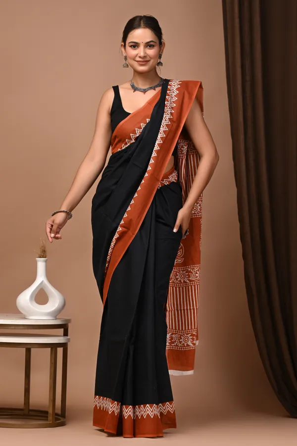 Black_And_Orange_Cotton_Mulmul_Hand_Block_Print_Saree_For_Women