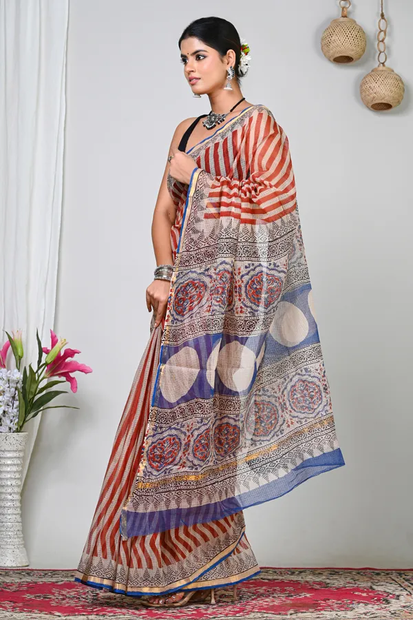 Red_Beige_Kota_Doriya_Block_Printed_Saree_For_Women
