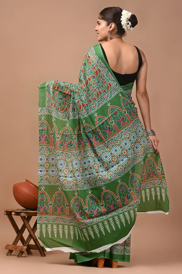 Green_Cotton_Mulmul_Hand_Block_Printed_Saree_For_Women