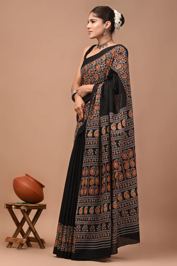 Black_Cotton_Mulmul_Kalamkari_Print_Saree_For_Women