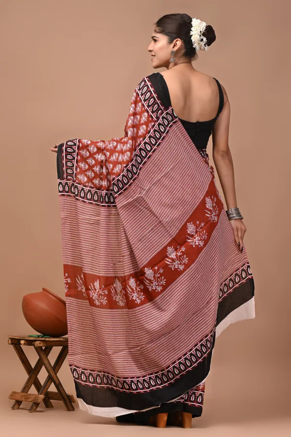 Rust_Red_Cotton_Mulmul_Floral_Block_Print_Saree_For_Women