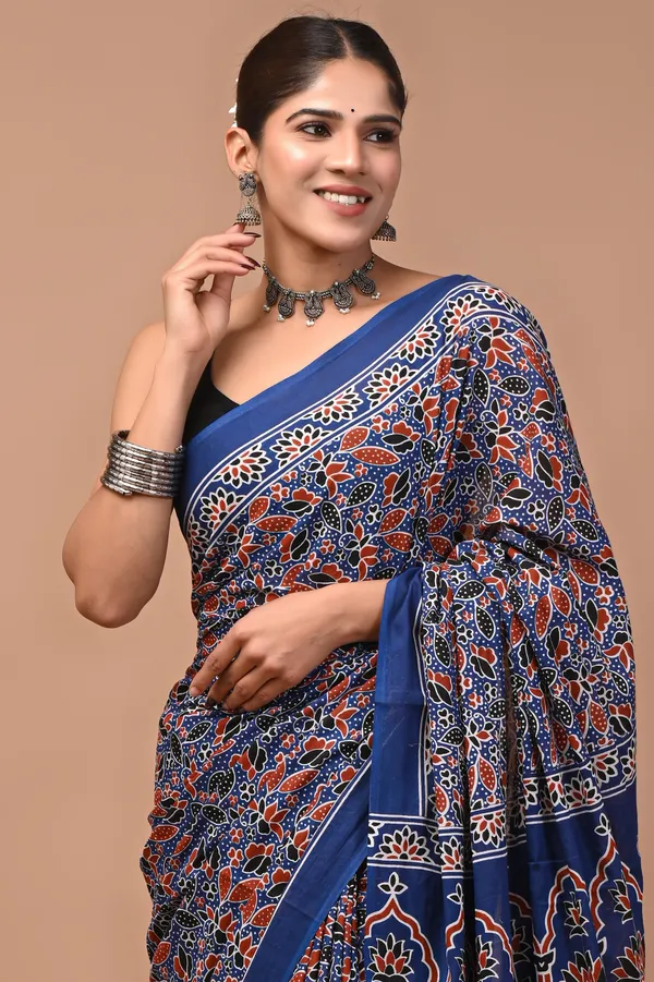 Blue_Cotton_Mulmul_Ajrakh_Hand_Block_Print_Saree_For_Women