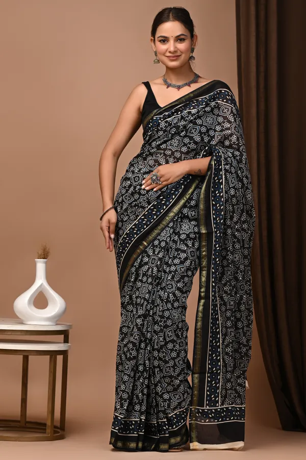 Black_Zari_Cotton_Hand_Block_Printed_Saree_With_Contrast_Border_For_Women