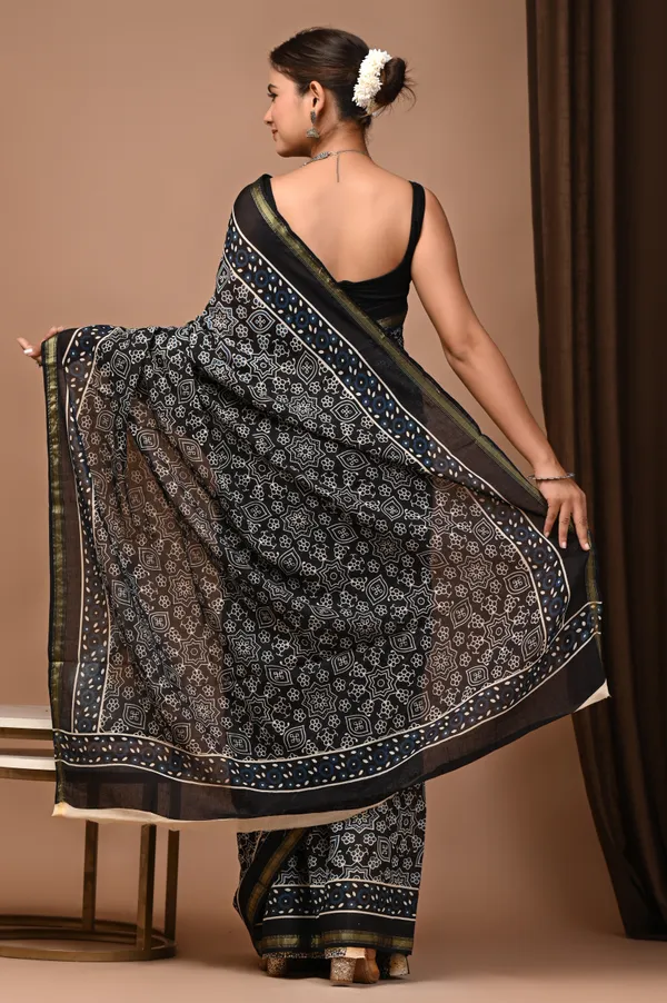 Black_Zari_Cotton_Hand_Block_Printed_Saree_With_Contrast_Border_For_Women