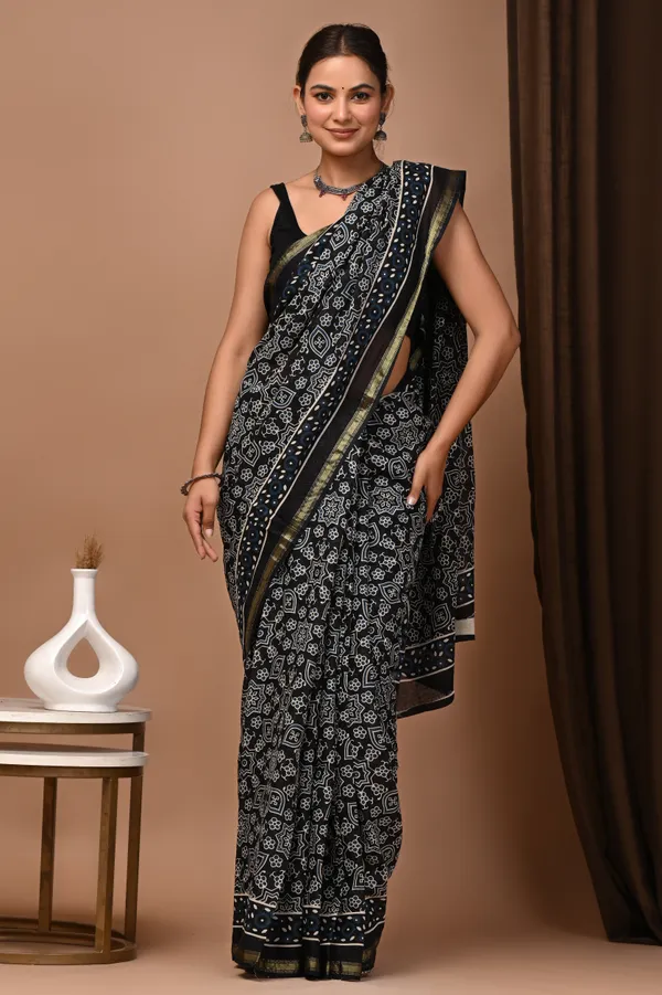 Black_Zari_Cotton_Hand_Block_Printed_Saree_With_Contrast_Border_For_Women
