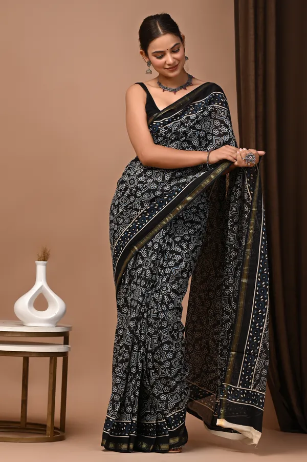 Black_Zari_Cotton_Hand_Block_Printed_Saree_With_Contrast_Border_For_Women