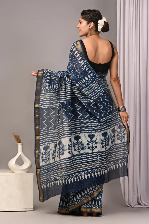 Navy_Blue_Maheshwari_Silk_Dabu_Block_Print_Gold_Border_Saree_For_Women