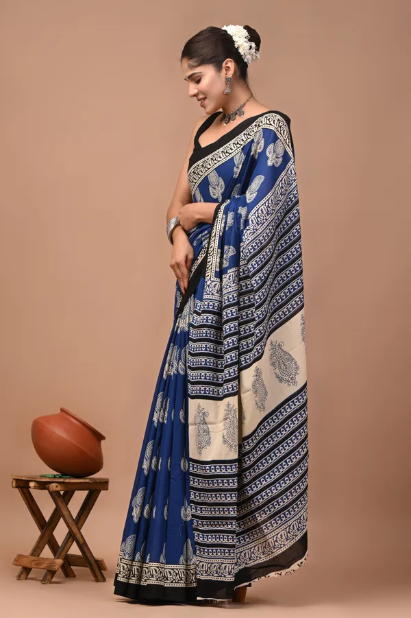 Blue_Cotton_Mulmul_Bagru_Hand_Block_Printed_Saree_For_Women