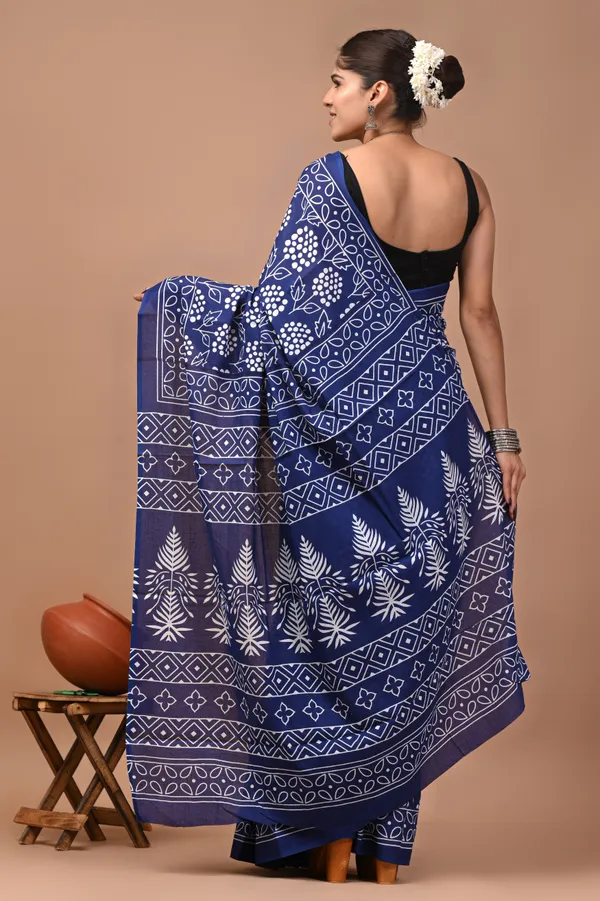 Indigo_Cotton_Mulmul_Hand_Block_Printed_Saree_For_Women