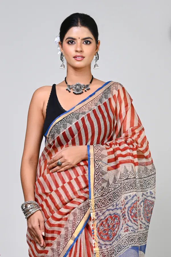 Red_Beige_Kota_Doriya_Block_Printed_Saree_For_Women