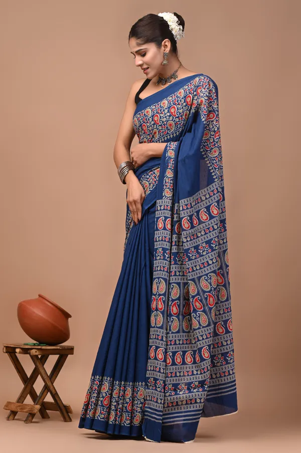 Blue_Cotton_Mulmul_Ajrakh_Block_Print_Saree_For_Women