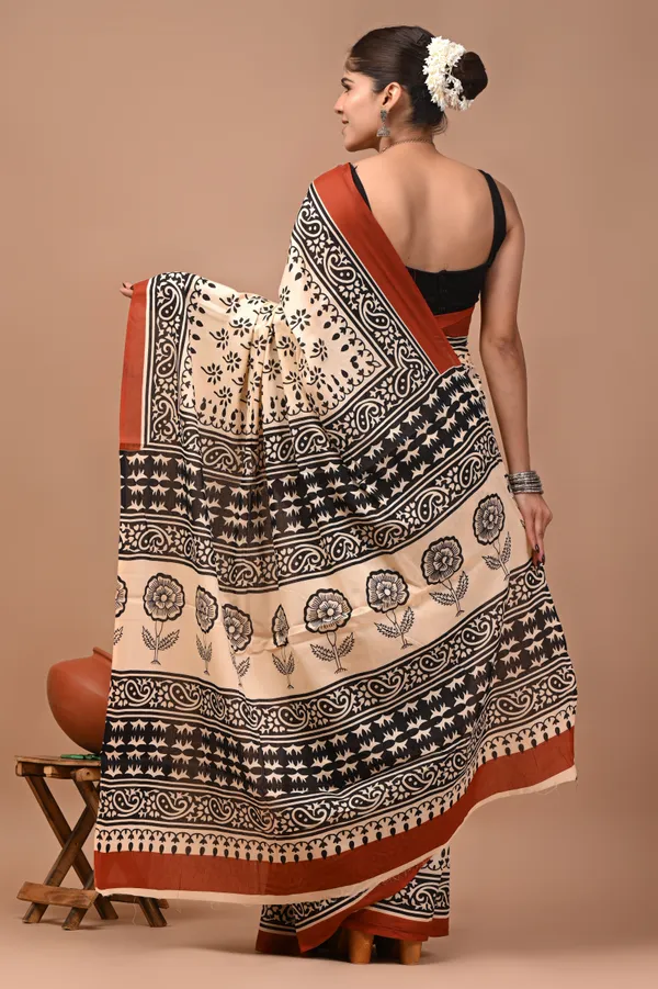 Beige_And_Black_Cotton_Mulmul_Floral_Print_Saree_For_Women