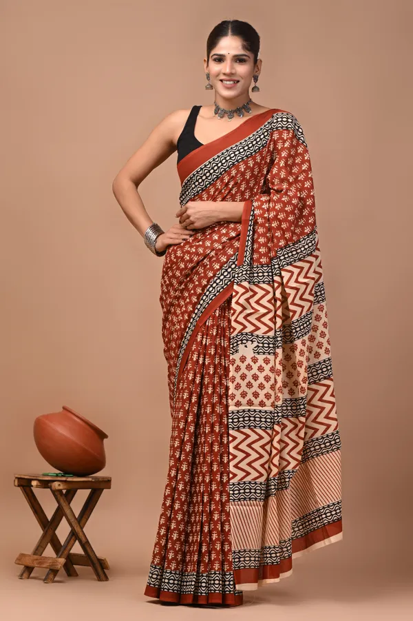 Rust_Cotton_Mulmul_Geometric_Print_Saree_For_Women