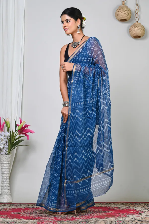 Blue_Kota_Doriya_Handwoven_Ikat_Print_Saree_For_Women