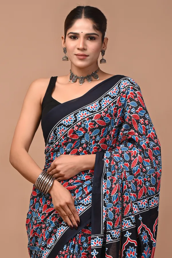 Black_Cotton_Mulmul_Ajrakh_Hand_Block_Printed_Saree_For_Women