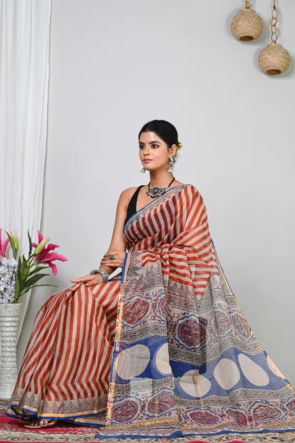 Red_Beige_Kota_Doriya_Block_Printed_Saree_For_Women