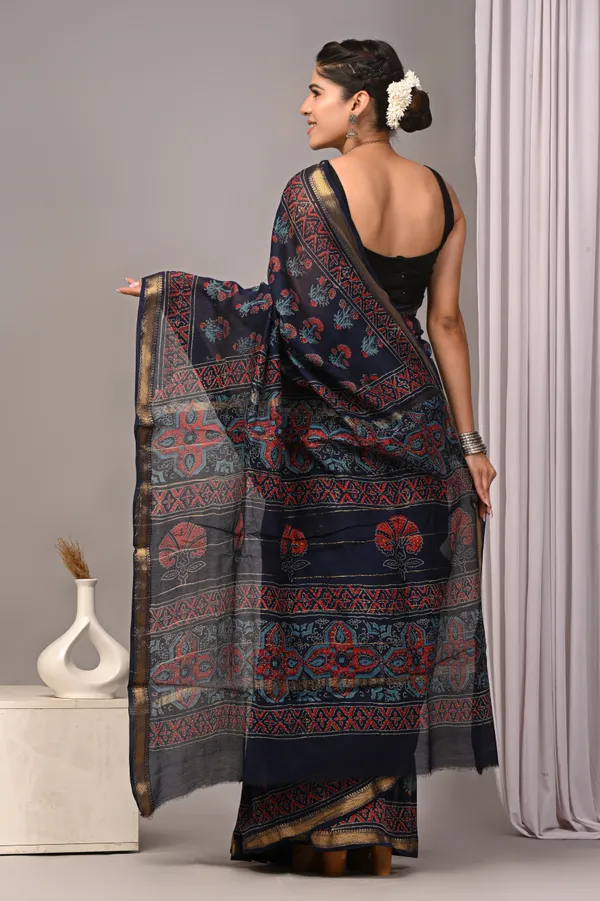Black_Maheshwari_Silk_Ajrakh_Print_Gold_Border_Saree_For_Women