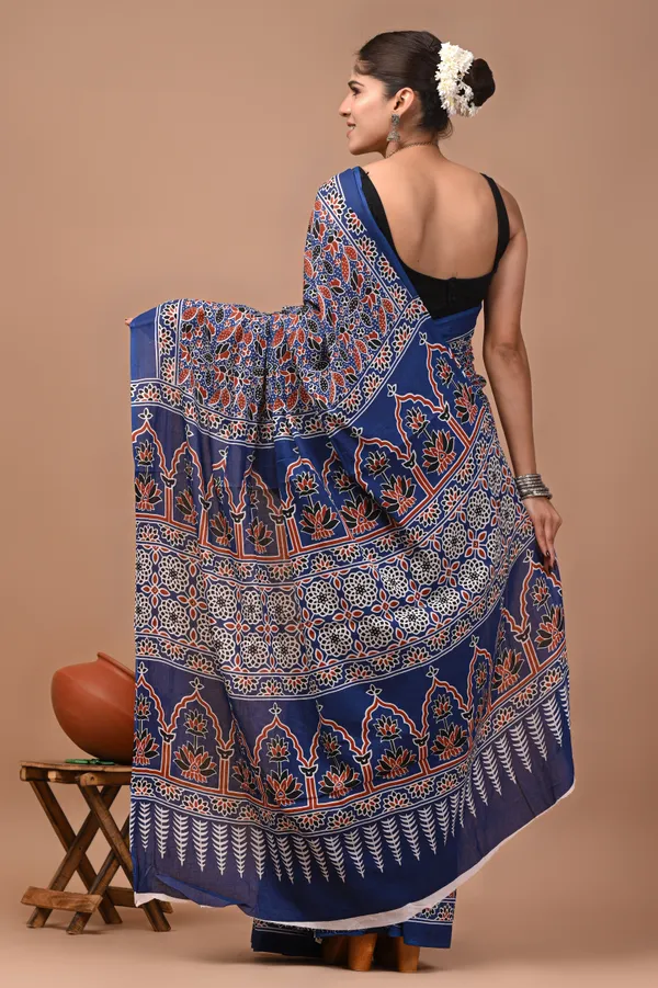 Blue_Cotton_Mulmul_Ajrakh_Hand_Block_Print_Saree_For_Women