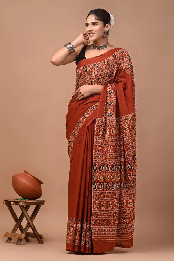 Rust_Cotton_Mulmul_Ajrakh_Block_Print_Saree_For_Women