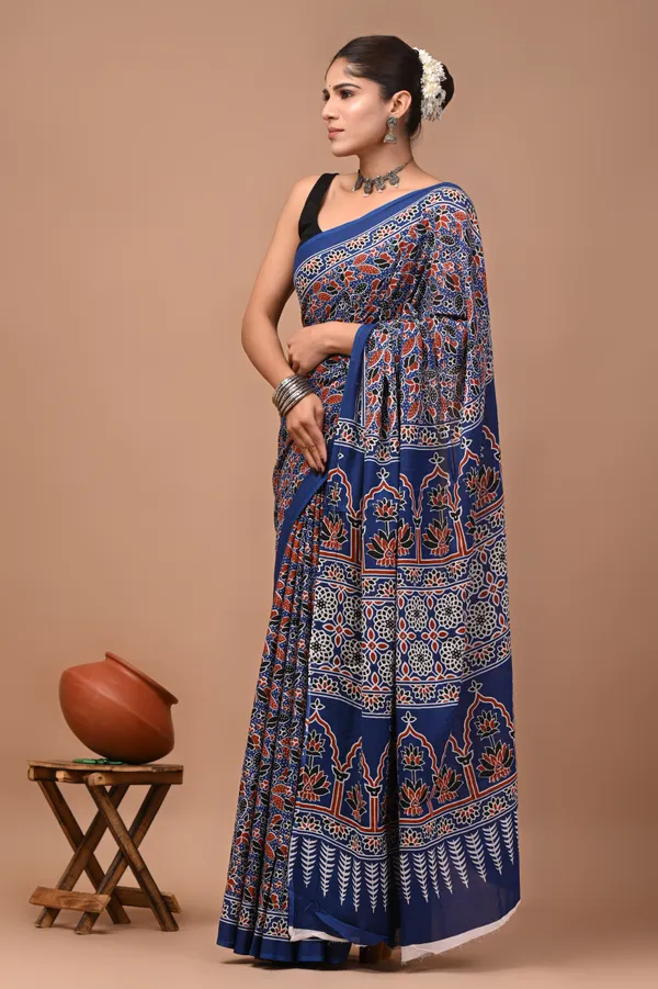 Blue_Cotton_Mulmul_Ajrakh_Hand_Block_Print_Saree_For_Women