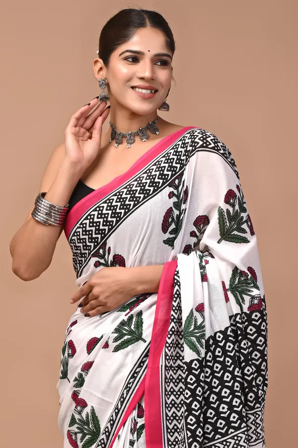 White_And_Black_Cotton_Mulmul_Floral_Print_Saree_For_Women